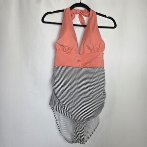 Peach Black And White Stripe One Piece bathing Suit Tummy Control XL
